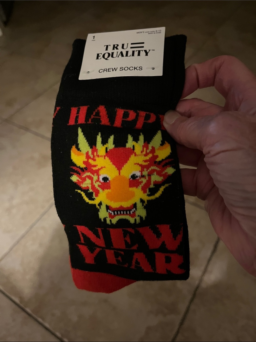 Black Crew Socks with Red & Yellow Dragon 'Happy New Year'